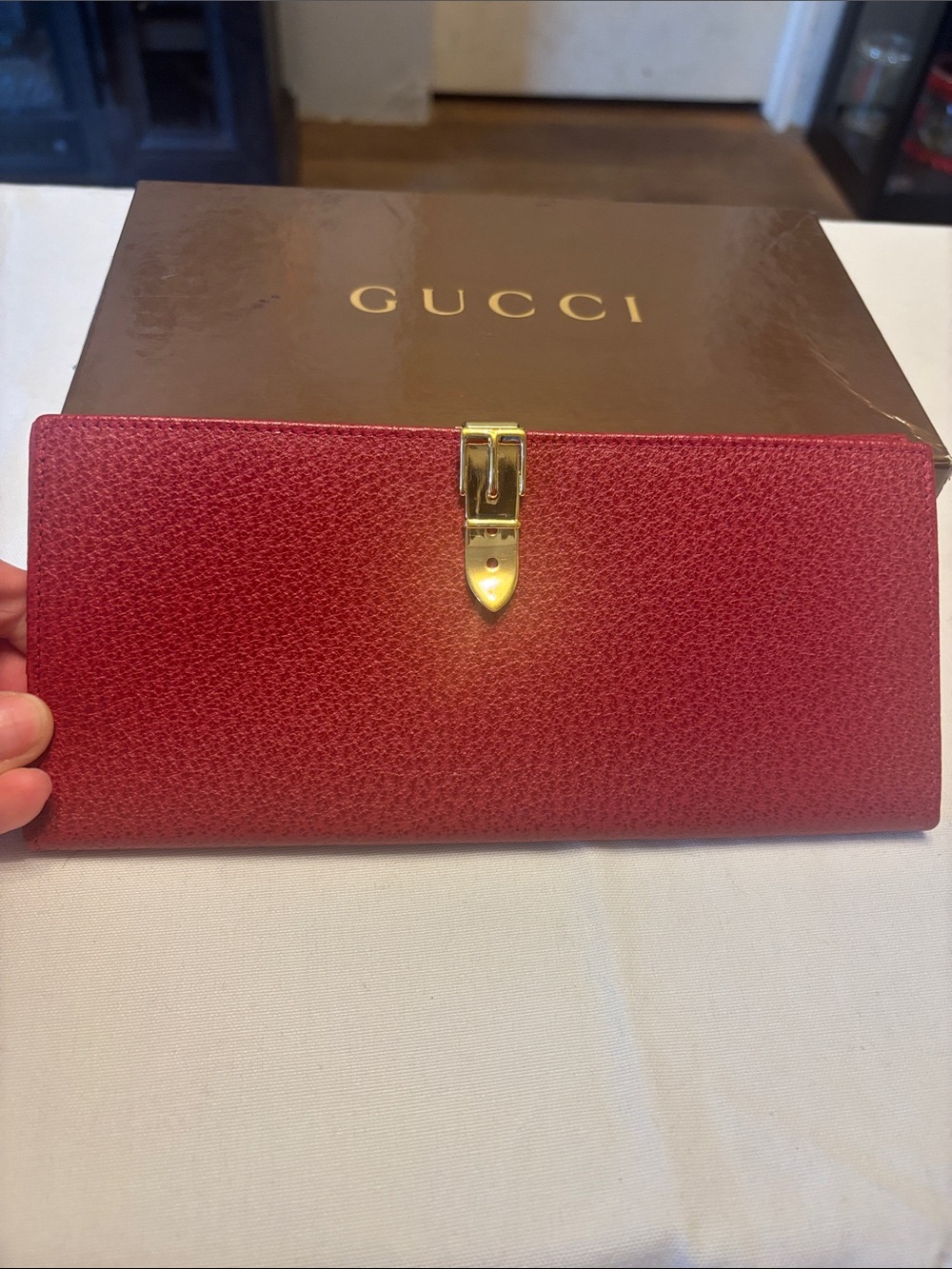 Gucci vintage Red Pebbled Leather Clasp Continental Wallet with box - Picture 16 of 17